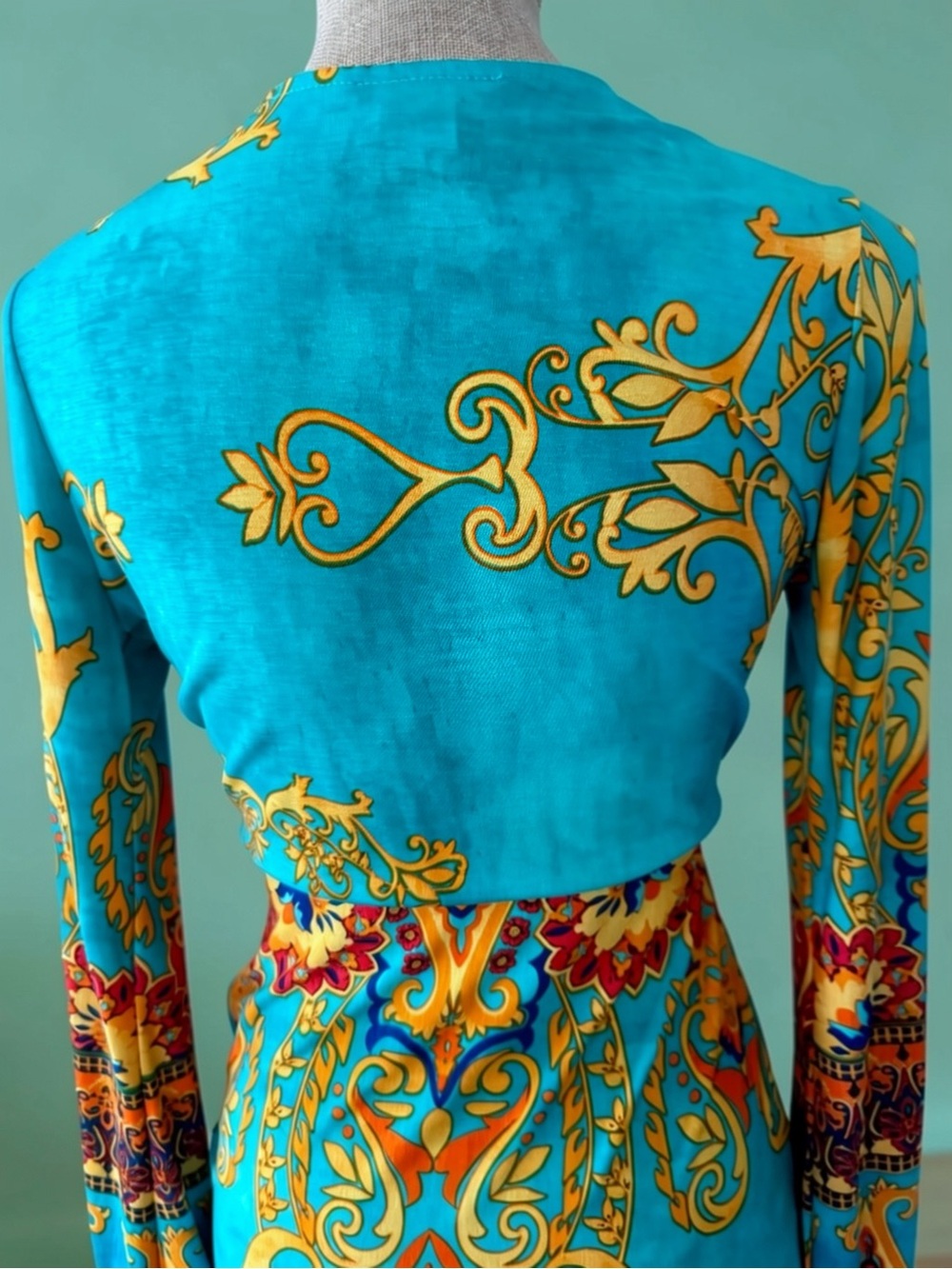 Vibrant Turquoise & Gold Print Maxi Dress with Deep V-Neck - Picture 7 of 16